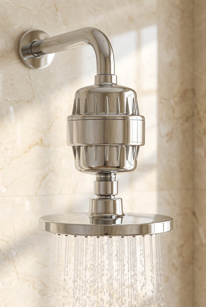 Filter installed between shower arm and head